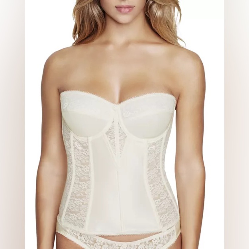 VTG Ivory Satin Lace Bustier Corset Top Boned Bridal Coquette Lingerie, 32DD